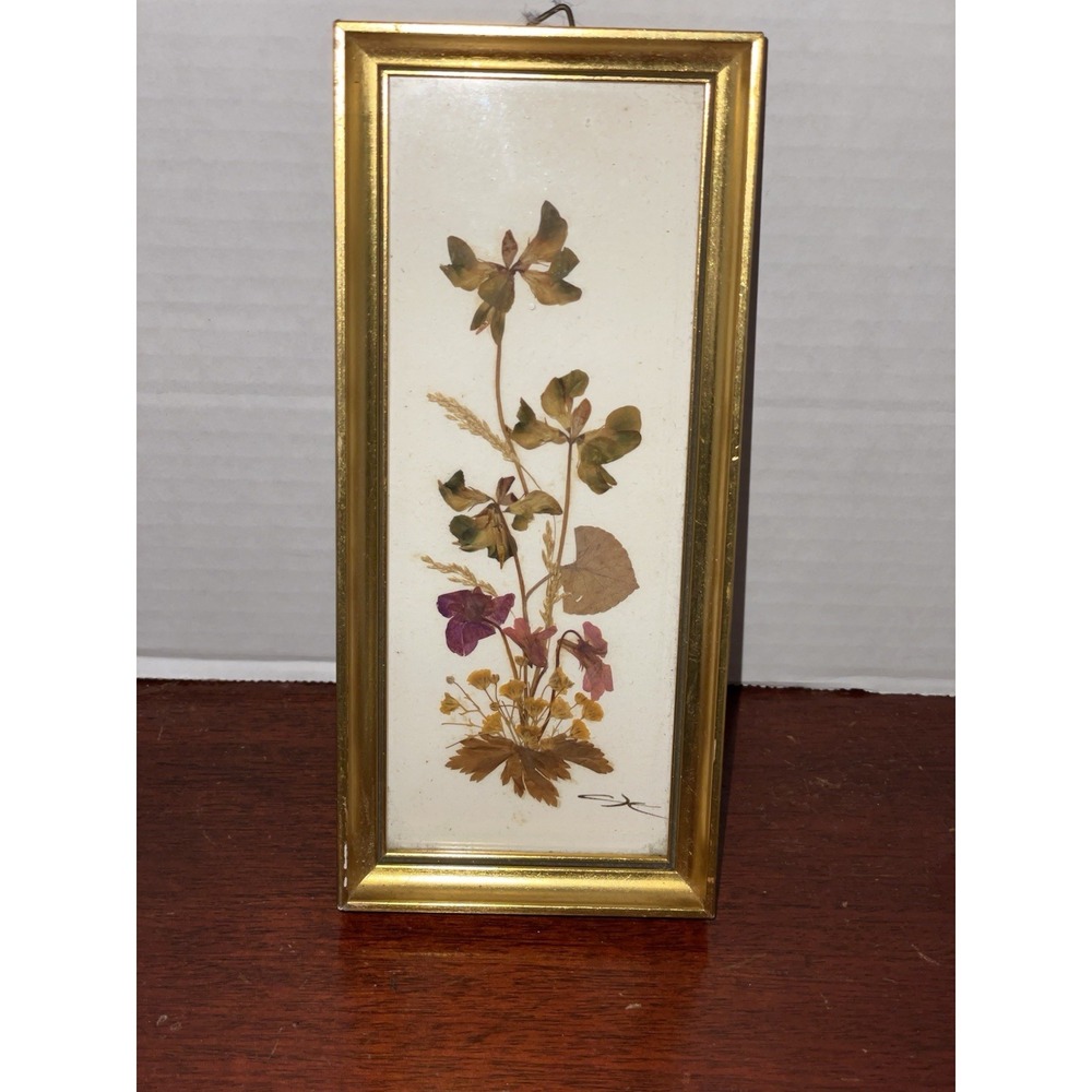 Vintage Tyrol Australia Handmade Pressed Flowers Gold Wood Frame. 7 X 3